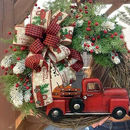 Winter Wreath Wagon Farmhouse Red Truck Rustic Front Door Christmas Wreath Decorative With Bow Knot Berry Vintage Wood Fall Garland Holiday Wall Decor Home Outdoor Christmas Decorations 12X12'' #TOP1