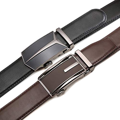 Founders & C Mens Belt 2 Pack,Leather Ratchet Click Belt Dress with Slide Buckle 1 3/8" in Gift Set Box- Size Adjustable3