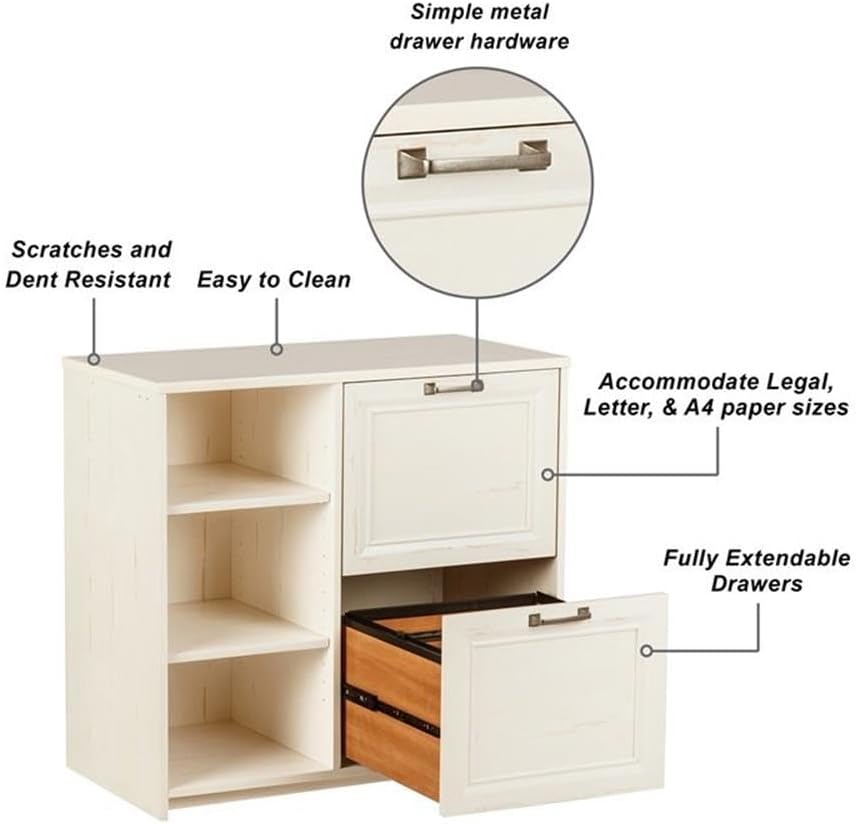 Saint Birch file cabinet highlighting features like metal hardware, scratch resistance, file sizes, and extendable drawers