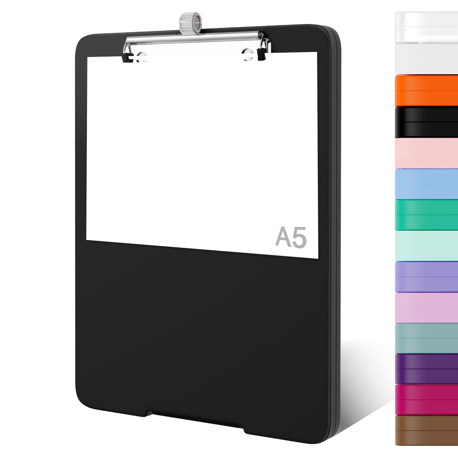 Piasoenc Small Clipboard with Storage, A5 Organization Box with Pen Holder, Plastic Clipboard with Low Profile Clip for Nurses, Teachers, Black