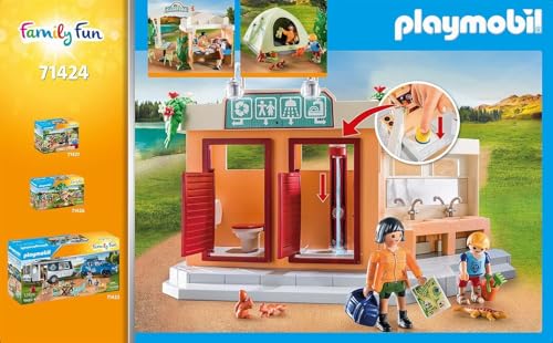 Playmobil 71424 Camping - Family Fun - Comprend Trois Personnages, Une Cuisine équipée, Un kiosque, des installations sanitaires avec Une Douche Fonctionnelle et des Accessoires - Dès 4 Ans