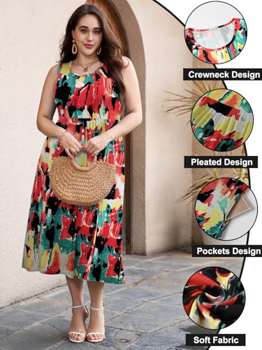 Image of LARACE Women's Plus Size Sleeveless Maxi Dress Casual Crew Neck Pleated Flowy Long Dresses with Pockets L-6XL
