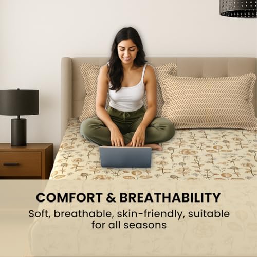 Image of Mafatlal Plush 140 GSM Double Bed Sheet | 90 x 100 Inches | Lightweight Microfiber Cloth | Queen Size | Soft & Stylish | Light Beige & Brown