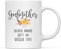 Vista 1 de Andaz Press Taza de café de 11 onzas, regalo de broma, madrina porque Badass no es un título oficial, gráfico floral, paquete de 1