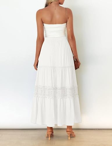 Miniatura 4 de MEROKEETY Falda larga plisada de cintura alta elástica bohemia con volantes y ribete de encaje escalonado con bolsillos