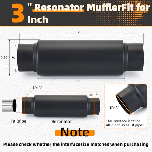 Image of A-KARCK 3 inch Inlet Exhaust Resonator, 3 inch Inlet 3 inch Outlet 12 inch Overall Length Muffler Resonator Stainless Steel,Polished(Black)