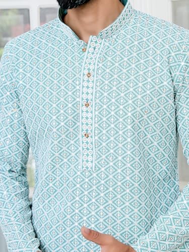 Image of See Designs Men's Full Sleeve Mandarin Collar Embroidered Thread Work Sequinned Rayon Straight Long Kurta - Festive Collection