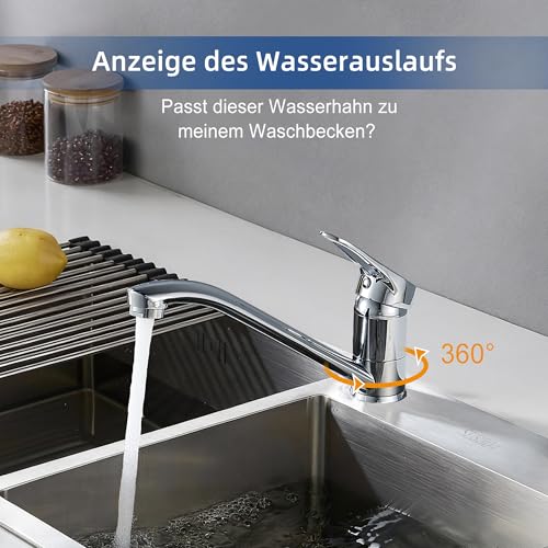 BELZ Küchenarmatur Wasserhahn, 360° Drehbare Einhebelmischer Mischbatterie, mit Keramikkartusche & 60cm Schlauch (Messing Chrom)