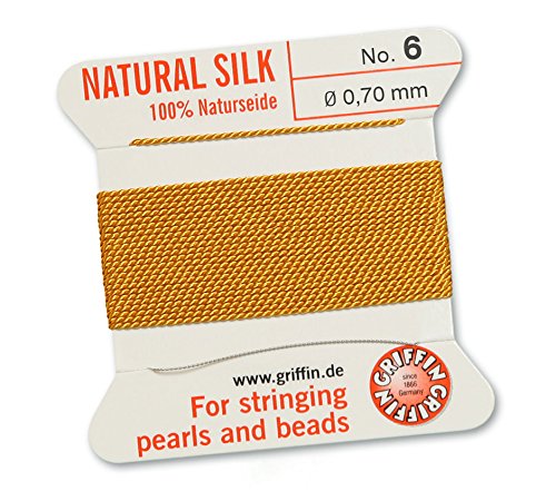 GRIFFIN 100% Natural Silk Beading Cord String Thread - Amber - 2 metres with one needle - Size 0.70mm