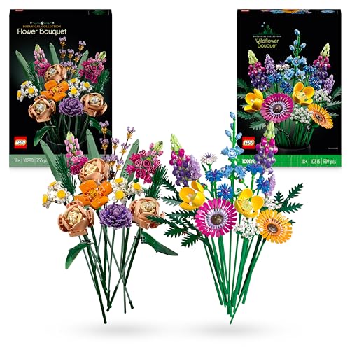 Bundle of LEGO 10280 Icons Bouquet di Fiori, Piante Artificiali, Costruzione in Mattoncini + LEGO 10313 Icons Bouquet Fiori Selvatici Finti con Papaveri e Lavanda Artificiali