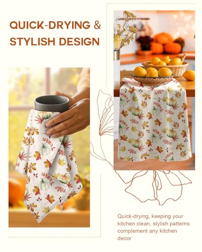 Image of Miss Adola 150GSM Flour Sack Kitchen Towels Set of 2, Pumpkin Leaf | 18 inchx26 inch, Lightweight, Lint-Free, Pure Cotton, Decorative, with Hanging Loop, Absorbent, Softer after Wash, Giftable Package