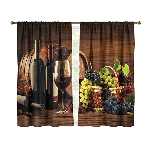 Zokyer Wine Kitchen Curtains Grape Black Brown Burgundy Fruit Glass Cute Women Bottle Rustic Farmhouse Country Romantic 27.5" W X 45" L Window Curtain For Living Room Set 2 Panels Rod Pocket Drapes #TOP2
