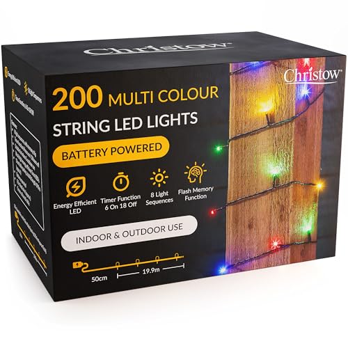 CHRISTOW Christmas Fairy Lights Battery Operated, Multi-Coloured LED String Lighting with Timer, Indoor & Outdoor, 8 Light Modes Flashing & Static, Green Cable (200 LED / 20m Lit Length)