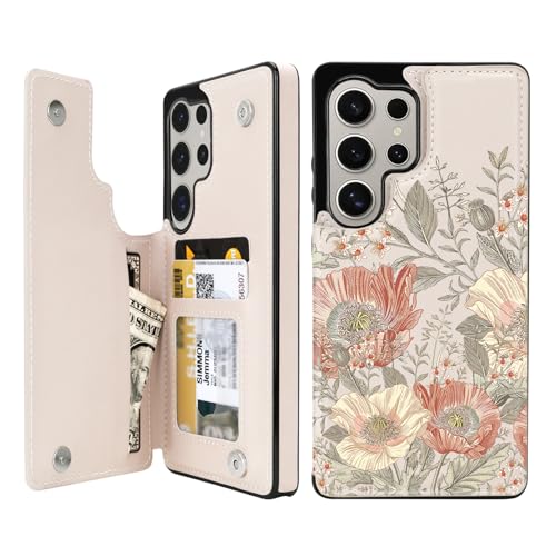 uCOLOR Wallet Case for Samsung Galaxy S26 Ultra Wallet Case with Card Holder,Flip Folio Leather Wallet Case Protective Cover (Pink Vintage Flowers, S26 Ultra)