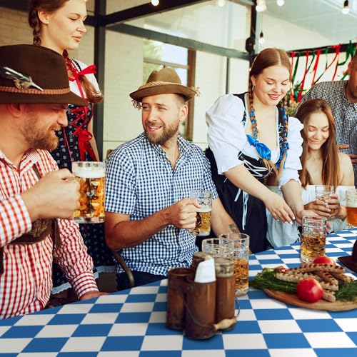 Image of Kochorie100 Ft x 54 Inch Oktoberfest Plastic Tablecloth Roll with Slide Cutter Box Disposable Bavarian Blue & White Argyle Design, Waterproof Blue Diamond Table Cover for Festivals Events Party Decor