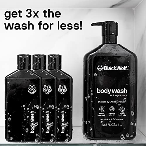 Black Wolf Charcoal Powder Body Wash For Men, 1 Liter - Charcoal Powder & Salicylic Acid Reduce Acne Breakouts & Cleanse Your Skin From Toxins & Impurities - Rich Lather For Full Coverage, Deep Clean #TOP1