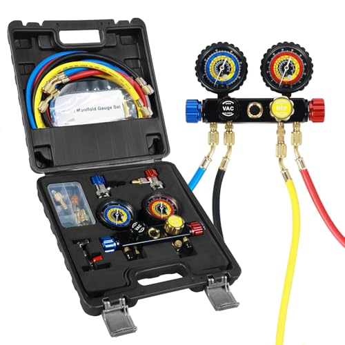 Jack Boss 4 Way AC Gauge Set for R410a R22 R134a Refrigerant, 4 Valve Automotive AC Manifold with 5ft Hoses, R410a Adapters