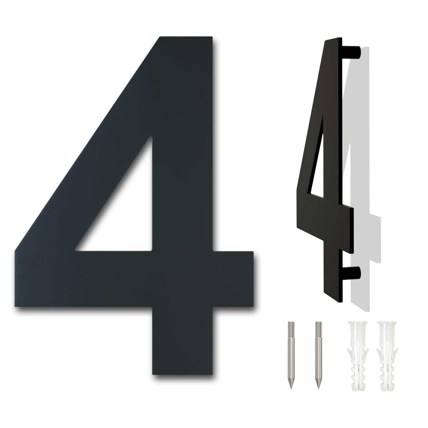 Black Brushed Modern House Number -125mm Height - Made of Solid 304 Stainless Steel, Floating Appearance and Easy to Install (Number 4 Four)
