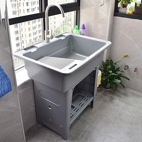 Fregadero De Plástico Independiente Con Tabla De Lavadero, Lavabo De Lavandería Y Lavadero Con Grifo, Fregadero De Utilidad Para Interiores Y Exteriores Con Mangueras De Bañera De Lavado Y Kit De