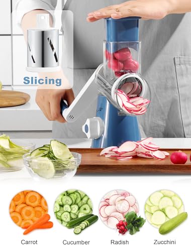 Image of Cheese Grater Rotary, Rotary Grater for Kitchen, Kitchen Grater Vegetable Slicer with 3 Drum Blades, Fast Cutting Cheese Shredder for Vegetables and Nuts