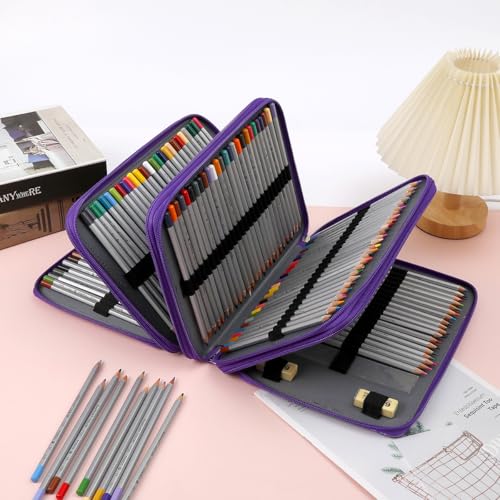 Image of Large Capacity Colored Pencil Case - 200 Slots PU leather with Zipper Closure Portable Organizer for Watercolor Pencils Ideal for Artists for Artists (Purple)