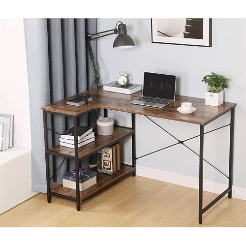 Jjs L-Shaped Home Office Corner Writing Computer Desk With Build-In Bookcase, Wood Metal Modern Study Laptop Table Workstation With Storage Shelves For Small Space, Antony Rustic Brown #TOP1