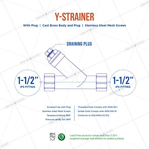 Image of Midline Valve 322U334-5 Y-Strainer with Stainless Steel Mesh Screen, Pipeline Filter Valve 1-1 /2 in. FIP, Cast Brass (5 Pack)