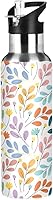 Vista 1 de Colorful Leaves - Botellas de agua aisladas con tapa con popote, sin BPA, 22 onzas, a prueba de fugas, botella de agua deportiva de acero inoxidable