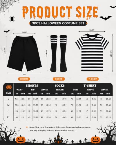 Vivrerizo Black White Striped Costume for Halloween Cosplay Outfit Party M | Striped Design, 3 Pcs Short Sleeve Shirt, Shorts and Stockings Outfit, Lightweight Ployster Fabric, Easy Dress Up - image 7