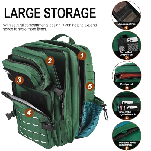 LHI Tactical Military Backpack for Men and Women 45L Large Molle Army Assault Pack 3 Day Travel Backpacks - Dark Green - Thumbnail 4