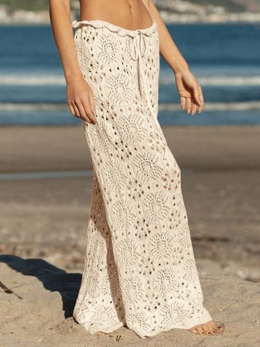 Saodimallsu Womens Crochet Swimsuit Coverup Pants High Waisted Drawstring Sexy Sheer Mesh Knit Wide Leg Beach Pants4