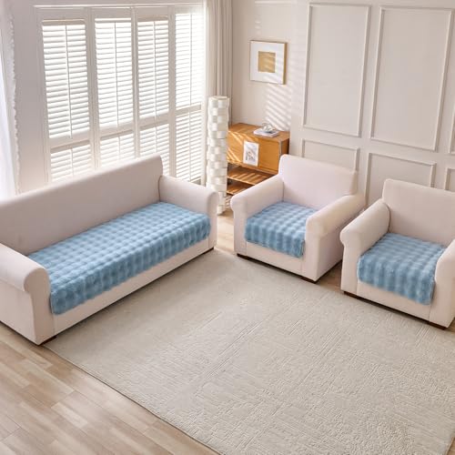 Image of HOKIPO 'FurHug' Luxury Faux Rabbit Fur Sofa Mat 5 Seater in 3+1+1 Configuration, Charm Blue (AR-5010-5)