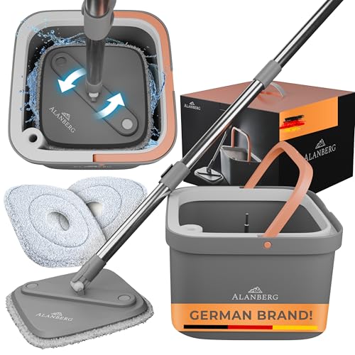 ALANBERG Spin Mop and Bucket Set with Wringer &ndash; Dual-Chamber Self Wringing Mop, Flat Microfiber Mop for Hardwood, Tile & Vinyl Floors, 2 Washable Replacement Heads, 63" Handle, Gray