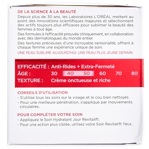 L’Oréal Paris - Soin Nuit Hydratant Visage Anti-Âge - Crème Anti-Rides, Extra-Fermeté & Tonifiante - Enrichi au Pro-Rétinol & Fibrelastyl - Tous Types de Peaux - Revitalift - 50 ml
