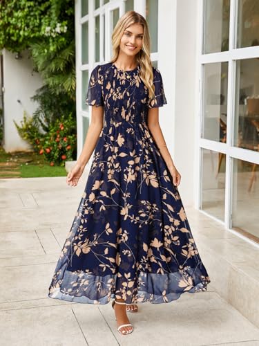 Image of Simplee Womens Casual Floral Summer Maxi Dress 2026 Boho Flowy Short Sleeve Crew Neck Vacation Smocked Chiffon Dresses