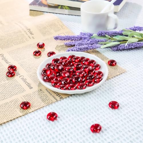 Image of CYS EXCEL Red Glass Gemstone Beads Vase Fillers (1 LB) Flat Marble Beads Multiple Color Choices Aquarium Decor Rocks Floral Stones Decorative Mosaic Glass Gem Pebbles (Approx 85-100 PCS)