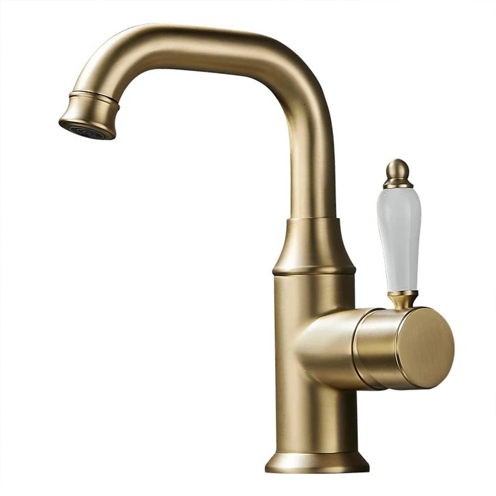 Grifo De Baño Grifo De Lavabo Giratorio 360 ° Estilo De Antiguo Vintage Latón Mezclador Monomando Baño Agua Fria Y Caliente Disponible, Grifo De Cuenca, Cepillado Dorado