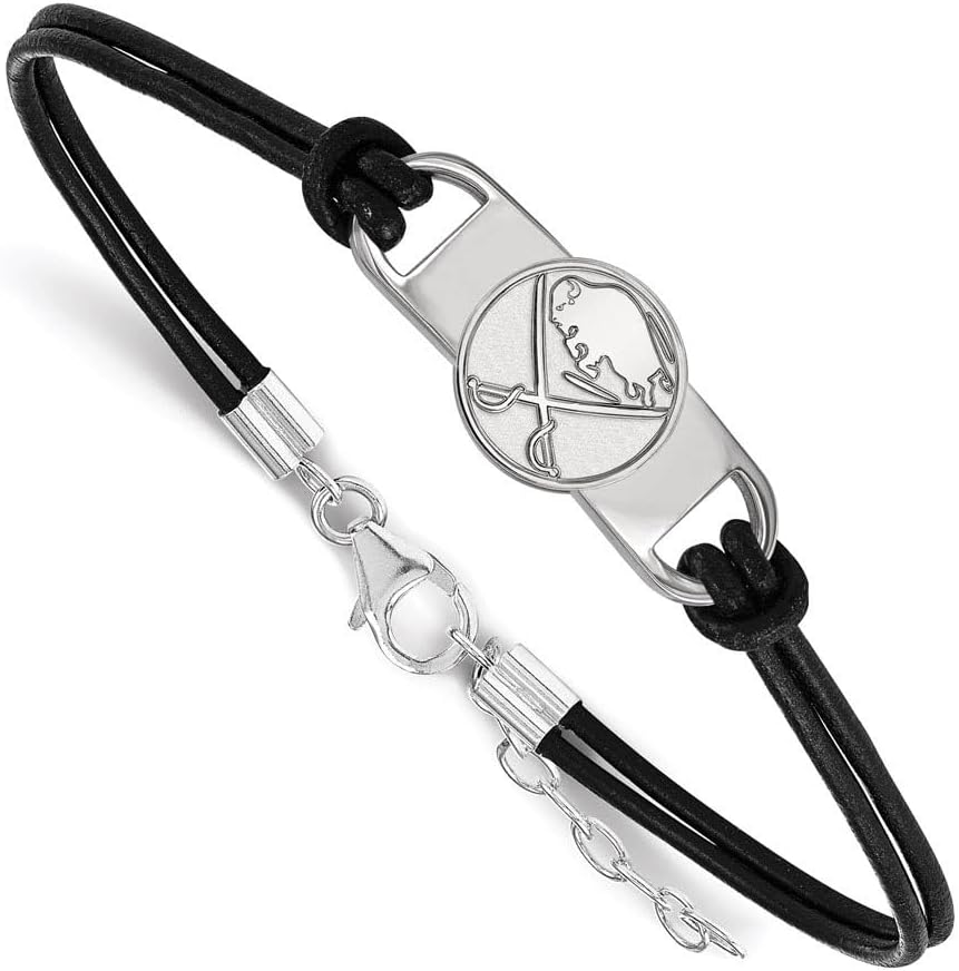LogoArt Sterling Silver Buffalo Sabres Small Center Leather Bracelet