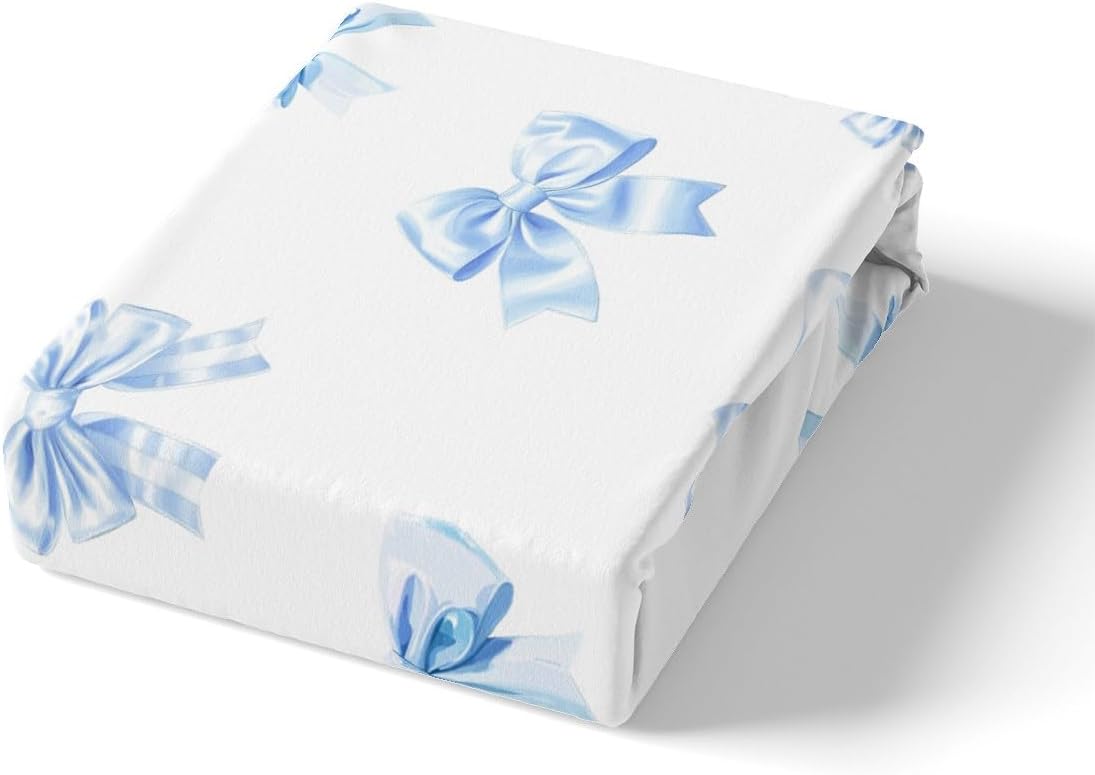 jejeloiu Blue Bowknot Fitted Sheet Love Bow Bed Sheets for Kids Boys Girls Princess Style Bedding Set Romantic Sheets Set Bedroom Collection 2Pcs Twin Size,No Flat Sheet