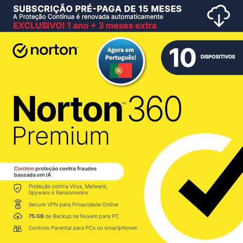 Norton 360 Premium 2024 -Software Antivírus Para 10 Dispositivos E 15 Meses De Subscrição Com Renovação Automática, Controlo Parental E Vpn Norton 360 Premium 2024 -Software Antivírus Para 10 Dispositivos E 15 Meses De Subscrição Com Renovação Automática, Controlo Parental E Vpn