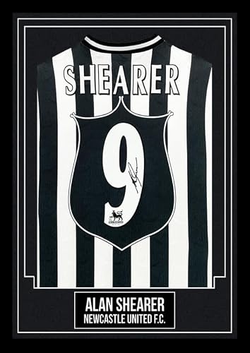 Image of Alan Shearer Signed Shirt Poster Print – #9 Legend – Black & White Retro Kit Display – Football Memorabilia Gift for Fans, A4 Poster + Silver Frame