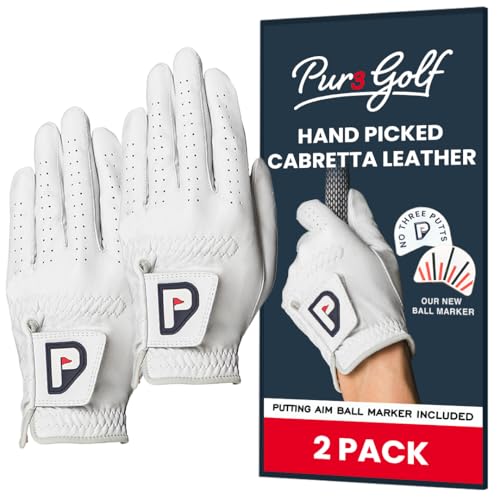 PUR3 Cabretta Leather Golf Gloves Men Left Hand and Right Hand | with Putting Aim Ball Marker | Real Genuine Ultra Soft Cabretta Leather Golf Glove | Multi-Pack