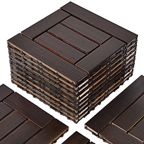 VANCASTLE 9PCS Wood Interlocking Deck Tiles 12"x12", Patio Flooring Outdoor Waterproof All Weather Use, Wood Flooring for Patio Garden Poolside Front/Back Yard, Espresso-Checked