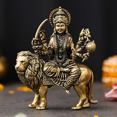 Image of 3 inch Brass Maa Durga Idol | Goddess Durga MATA Murti for Temple, Puja & Home Decor | Religious Gift for Navratri & Housewarming (Weight-70gm)