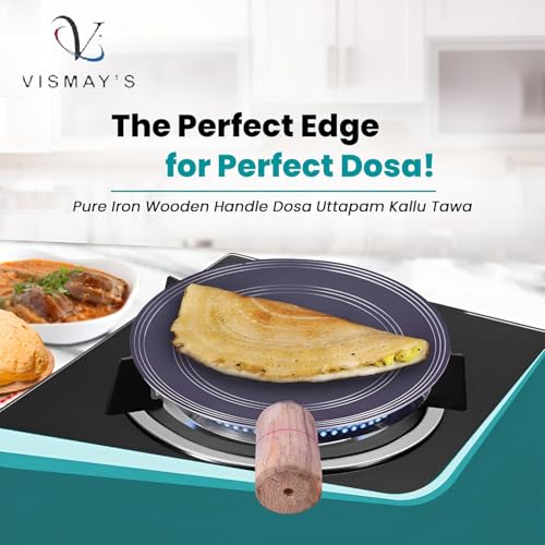 Image of VISMAY'S 12 Inch Food Grade Pure Iron Dosa Tawa Lohe ka Tava Multipurpose Chapati Utappam Thawa Smooth Edge Metal Spoon Friendly Strong Wooden Handle Gas Compatible