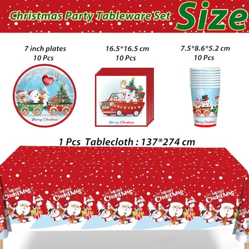 31Pcs Red Christmas Santa Tableware Decorations, Merry Plastic Table Cloth, Paper Cups Napkins Plates, Red Sleigh Table Cover Dinnerware for Christmas Party Supplies - Image 2