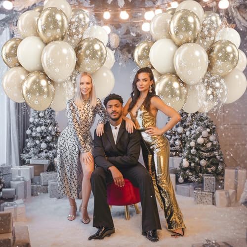 Image of Jobkoo Snowflake Balloons Winter Wonderland Beige Gold Cream White Sand Balloons Neutral Boho Winter Balloon Set for Ice Onderland Snow Holiday Birthday Christmas Baby Bridal Shower Party Decorations