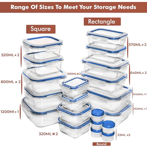 Image of Razab 35 Pc Set Glass Food Storage Containers with Lids - Meal Prep Airtight Bento Boxes BPA-Free 100% Leak Proof (15 lids,15 glass & 5 Plastic Sauce /Dip Containers)