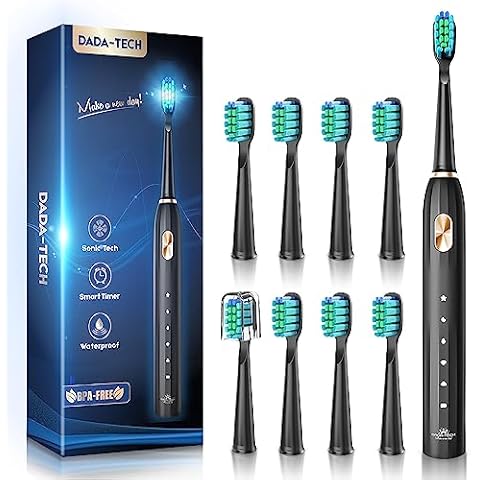 DADA-TECH Sonic Electric Toothbrush for Adults Kids Electric Toothbrush Rechargeable Ultrasonic Toothbrush with Timer, 9 Brush Heads, 5 Cleaning Modes 4-Hour Charge Lasts 60 Days (Black) Cover