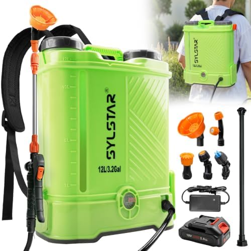 SYLSTAR Drucksprüher 12L, 5.5Bar Stärker Drucksprüher Akku Kompatibel mit Makita 18V Batterien,5 Düsen Elektrischer Pflanzensprüher Einstellbare Sprühstärke（Ladegerät enthalten）